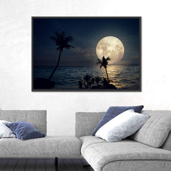Tropical Beach Under Full Moon Canvas Wall Art