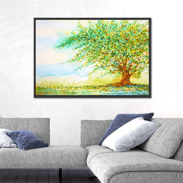 Big Tree In Grass Field Canvas Wall Art