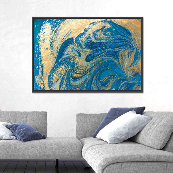 Hand Drawn Blue and Gold Marbling Canvas Wall Art