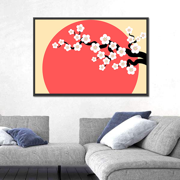 Minimalist Cherry Blossom with Red Sun Canvas Wall Art