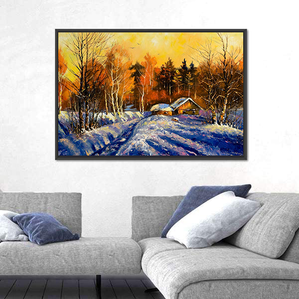 Evening In Winter Village Canvas Wall Art