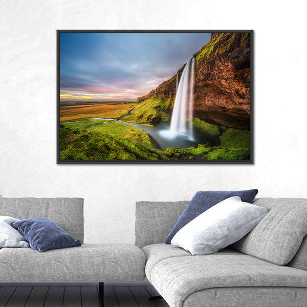 Seljalandsfoss Waterfall At Sunset In Iceland Canvas Wall Art