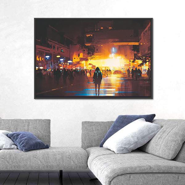 Lone Hooded Figure in Neon City Canvas Wall Art