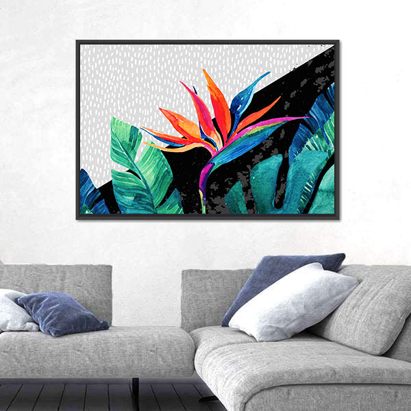 Tropical Minimalist Bird of Paradise and Monstera Canvas Wall Art