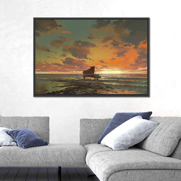 Surreal Piano On Beach Sunset Canvas Wall Art