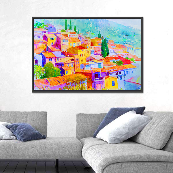 Village View On Hill Mountain Canvas Wall Art