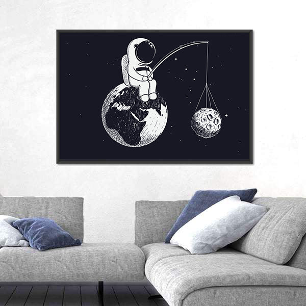 Little Astronaut Sitting on Earth Canvas Wall Art