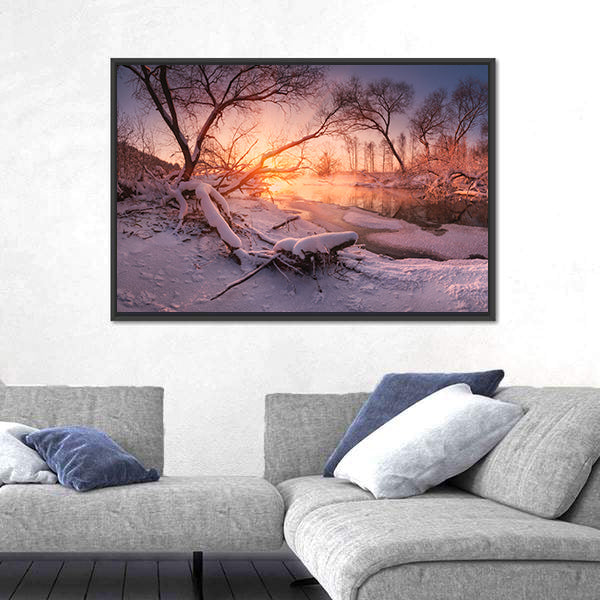 Frozen River At Sunset Canvas Wall Art