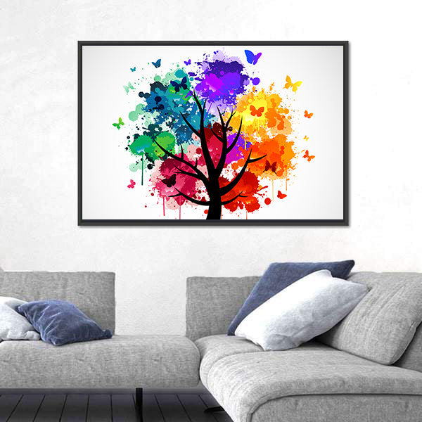 Colorful Butterflies On Tree Canvas Wall Art