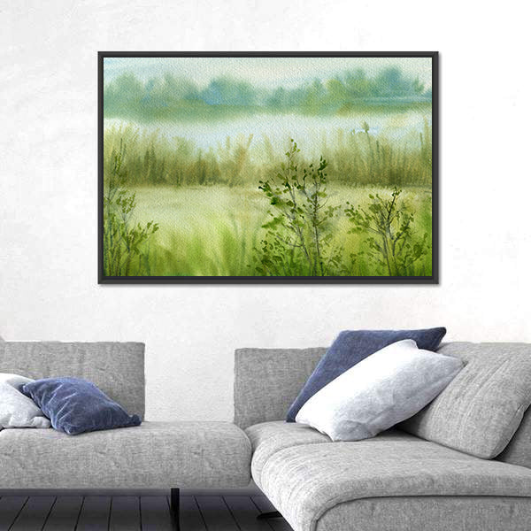 Fog At River With Grass Canvas Wall Art