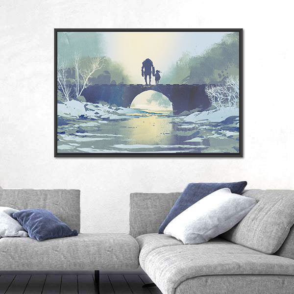 Robot and Child on Snowy Bridge Canvas Wall Art