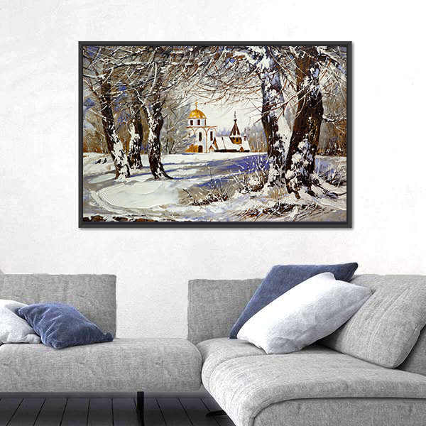 Church In Winter Wood Canvas Wall Art