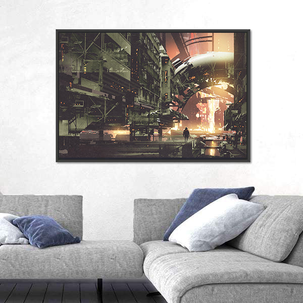 Cyberpunk City With Futuristic Buildings Canvas Wall Art