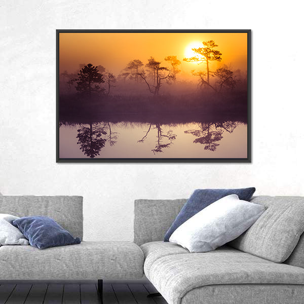 Sun Rising Above Misty Lake Canvas Wall Art