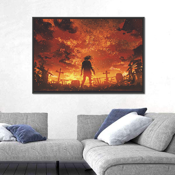 Zombie Silhouette in Burnt Cemetery Canvas Wall Art