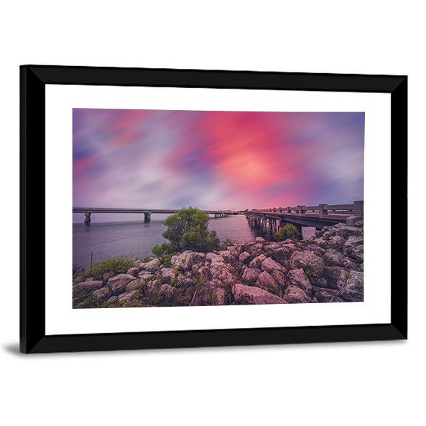 Bridges Between Amelia and Big Talbot Islands Canvas Wall Art in gray, purple and pink, framed print, product view on a white background