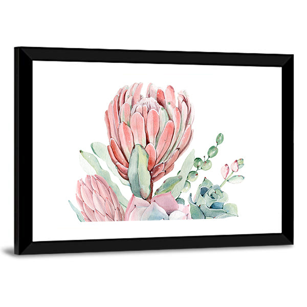 Vintage Protea and Succulents Bouquet Canvas Wall Art