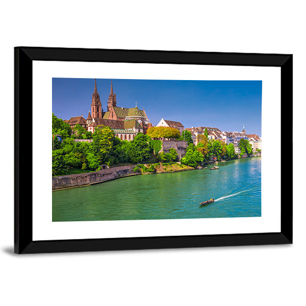 Old City Center Of Basel With Munster Cathedral Switzerland Canvas Wall Art in brown, green and blue, framed print, product view on a white background