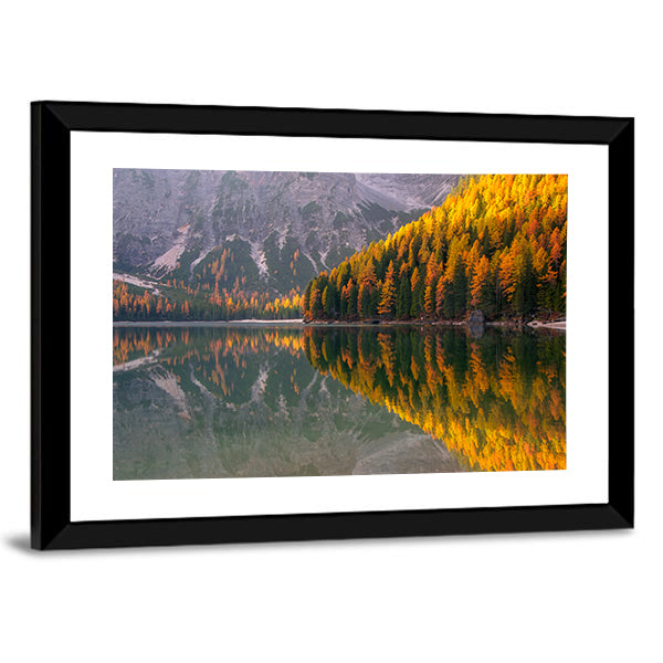 Braies Lake in Autumn Canvas Wall Art in gray, yellow and green, framed print, product view on a white background
