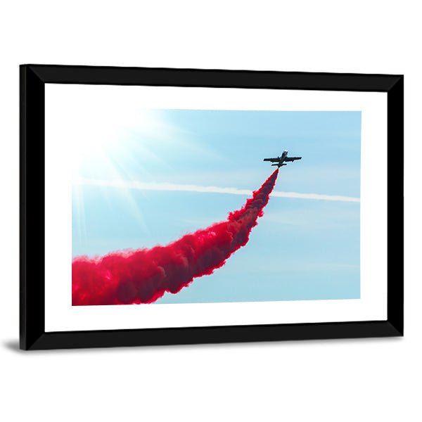 Airplane fly With Red Trail Smoke Canvas Wall Art