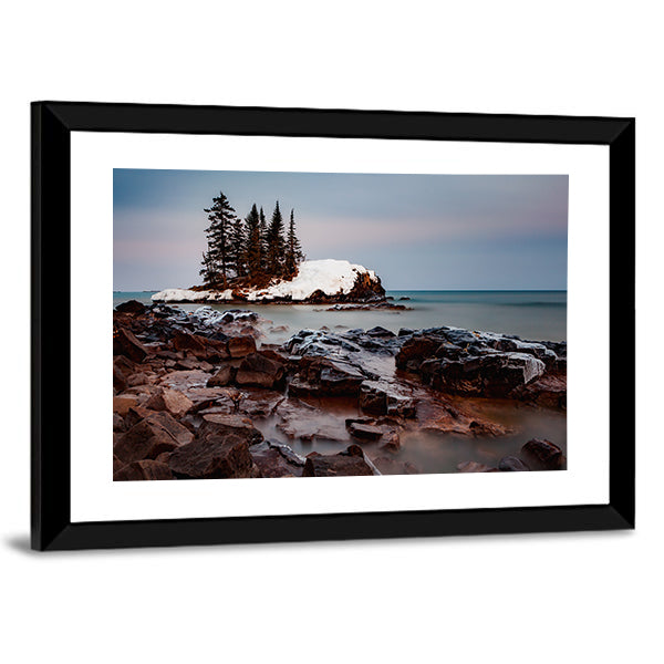 Lake Superior in Minnesota Canvas Wall Art in white, brown and blue, framed print, product view on a white background