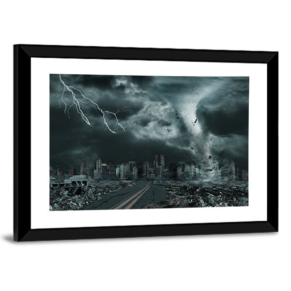 Tornado Over Ruined City Skyline Canvas Wall Art