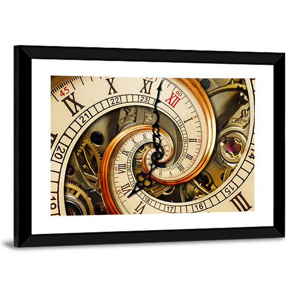 Antique Old Clock Canvas Wall Art in beige, brown and gold, framed print, product view on a white background
