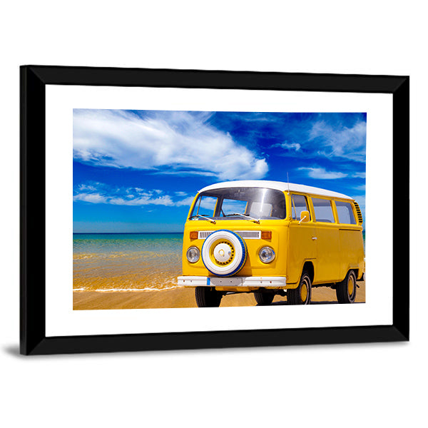Yellow Vintage Van on Sandy Beach Canvas Wall Art in beige, yellow and blue, framed print, product view on a white background