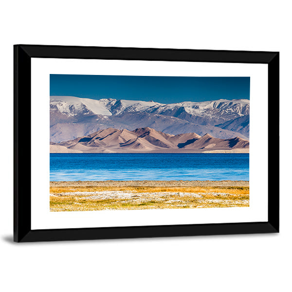Karakul Lake In Pamir In Tajikistan Canvas Wall Art in white, brown and blue, framed print, product view on a white background