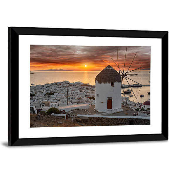 Mykonos Sunset with White Windmill Canvas Wall Art in white, gray and orange, framed print, product view on a white background