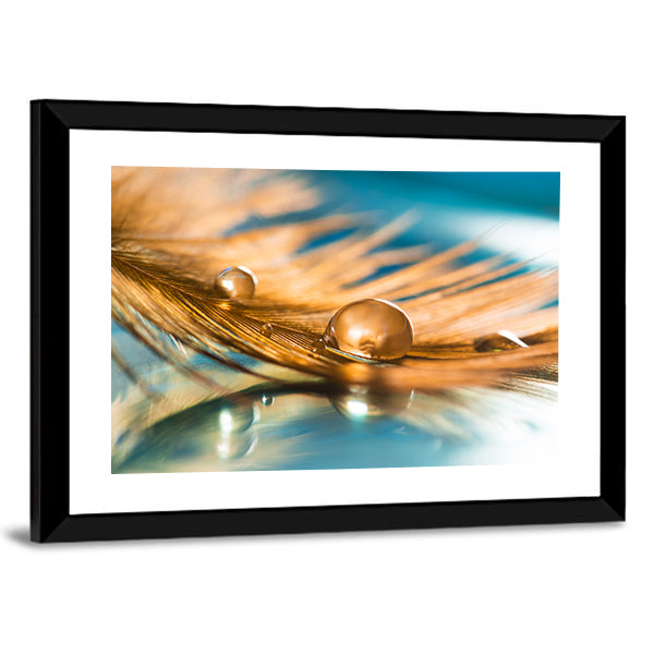 Golden Feather Of A Bird Abstract Canvas Wall Art in brown, gold and blue, framed print, product view on a white background