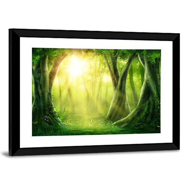 Dark Magic Forest With Sunshine Canvas Wall Art in yellow and green, framed print, product view on a white background
