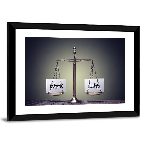 Work and Life Balance Scale Canvas Wall Art in black and gray, framed print, product view on a white background