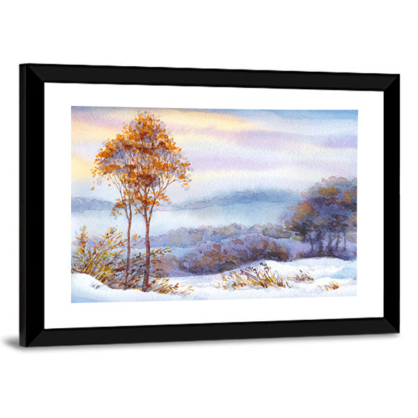 Snow Covered Valley with Orange Trees Canvas Wall Art