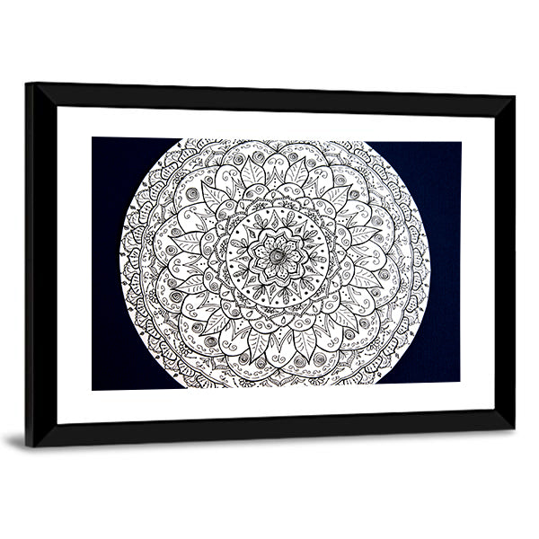 Ornamental Flower Mandala Canvas Wall Art in black, white and navy, framed print, product view on a white background