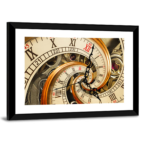 Surreal Antique Old Clock Abstract Canvas Wall Art in beige, brown and gold, framed print, product view on a white background
