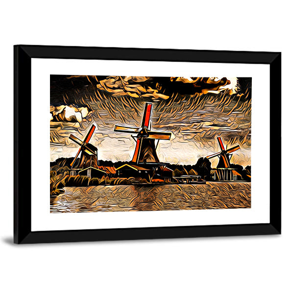 Three Vintage Windmills at Sunset Canvas Wall Art