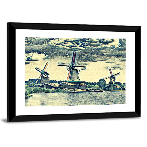 Vintage Dutch Windmills Landscape Canvas Wall Art