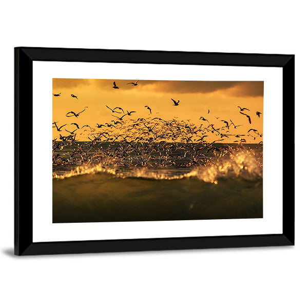 Seagulls Hovering Over Stormy Sea Canvas Wall Art