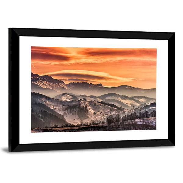 Mountain Landscape Pestera In Romania Canvas Wall Art in white, gray and orange, framed print, product view on a white background