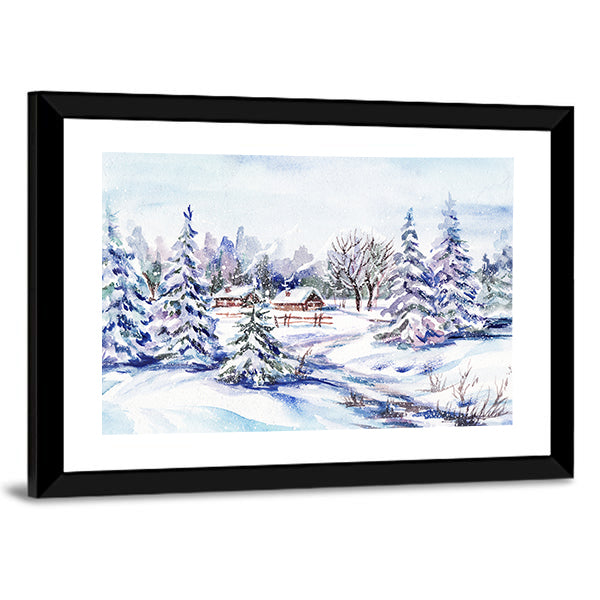 Scenic Winter Village Landscape Canvas Wall Art