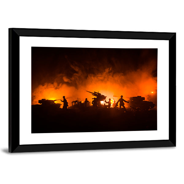 Soldier Silhouettes with Tanks and Anti-aircraft Canvas Wall Art