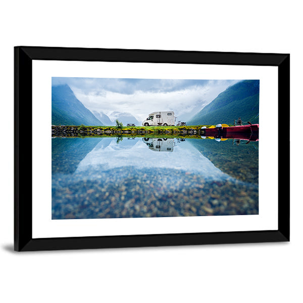 Motorhome by Mountain Lake, Norway Canvas Wall Art