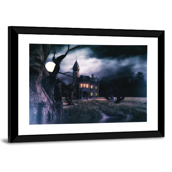 Moonlit Haunted Victorian Mansion Canvas Wall Art