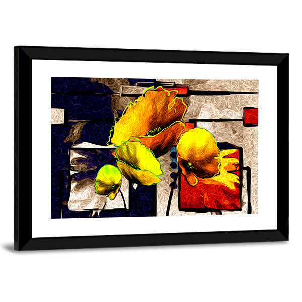 Yellow Poppy Abstract with Geometric Background Canvas Wall Art