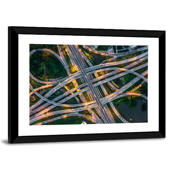 Bangkok Expressway Canvas Wall Art in gray, yellow and green, framed print, product view on a white background