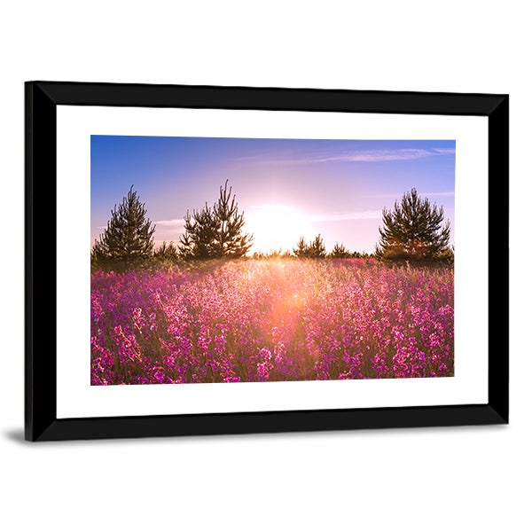 Blossoming Meadow at Sunrise Canvas Wall Art in blue, purple and pink, framed print, product view on a white background
