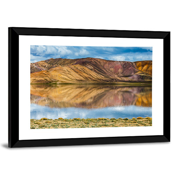 Bulunkul Lake In Pamir In Tajikistan Canvas Wall Art in brown, yellow and blue, framed print, product view on a white background