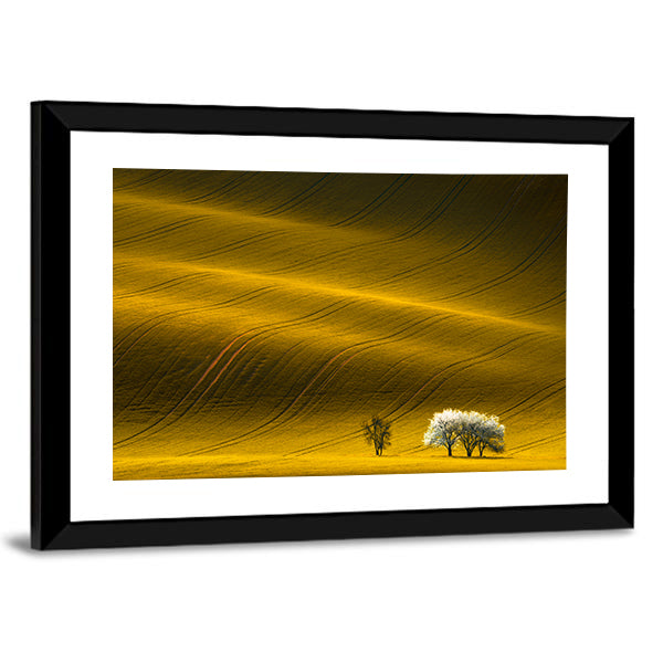 Spring Wavy Yellow Rapeseed Field Canvas Wall Art in brown, gold and yellow, framed print, product view on a white background