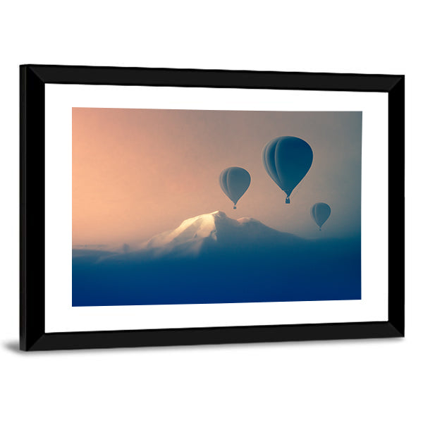 Silhouette Of Air balloon Flying In The Mountains Canvas Wall Art